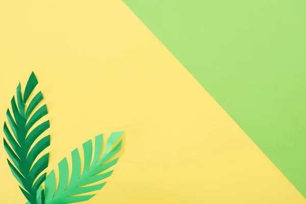 Top View Paper Cut Palm Leaves Yellow Green Bright Background — Stock Photo, Image