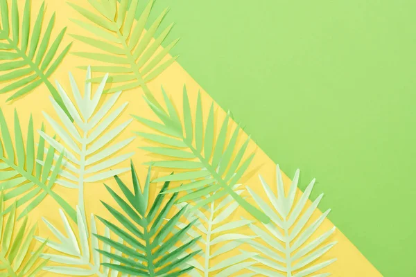 Top View Paper Cut Tropical Leaves Yellow Green Bright Background — Stock Photo, Image