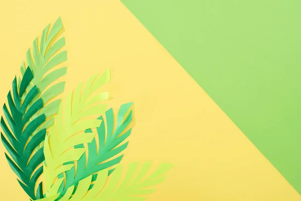 Top View Paper Cut Tropical Leaves Yellow Green Bright Background — Stock Photo, Image