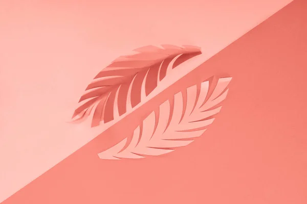 Flat Lay Coral Tropical Paper Cut Palm Leaves Minimalistic Background — Stock Photo, Image