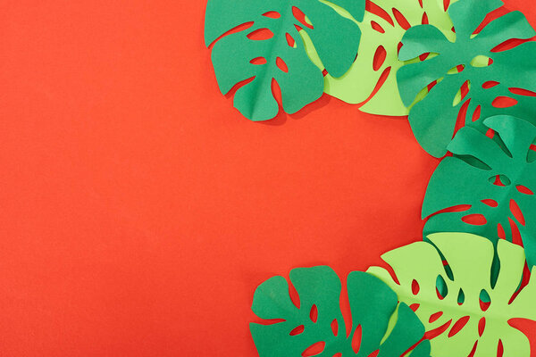 top view of green paper cut tropical leaves on bright red background with copy space