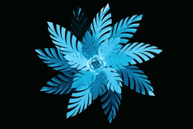 top view of paper cut blue leaves with flower isolated on black, background pattern clipart