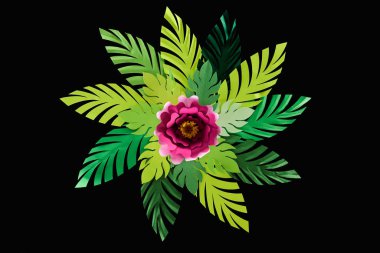 top view of paper cut green leaves with crimson flower isolated on black, background pattern clipart