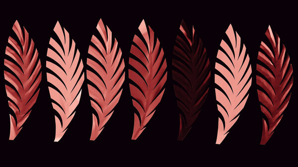 top view of paper cut coral leaves isolated on black, background pattern