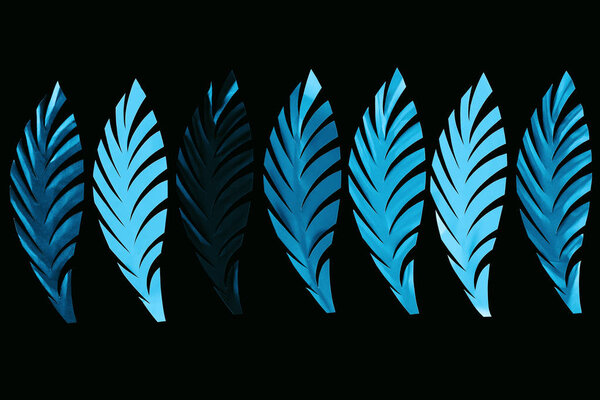 top view of paper cut blue leaves in row isolated on black, background pattern