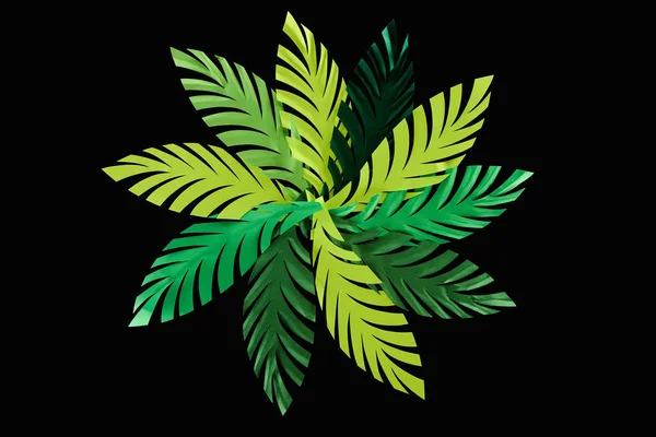 top view of paper cut green leaves isolated on black, background pattern