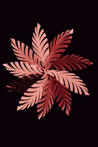 top view of paper cut coral leaves isolated on black, background pattern