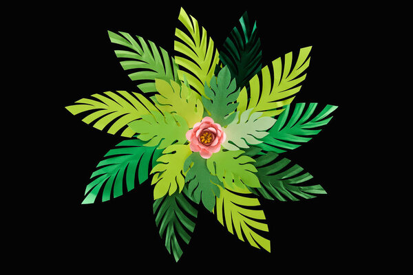 top view of paper cut green leaves with pink flower isolated on black, background pattern