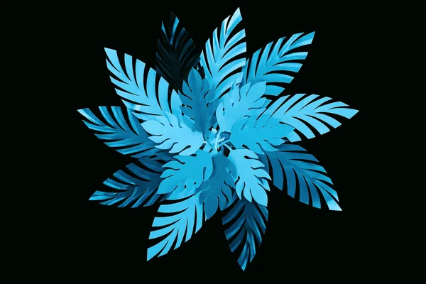 Top View Paper Cut Blue Leaves Isolated Black Background Pattern — Stock Photo, Image