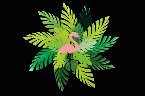 top view of paper cut green leaves and pink flamingo isolated on black, background pattern