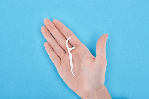 Cropped View Woman Holding White Floss Toothpick Hand Blue — Stock Photo, Image