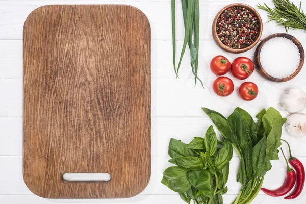 Top View Cutting Board Cherry Tomatoes Greenery Chili Peppers Salt — Stock Photo, Image