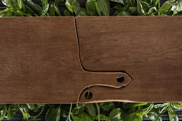 Top View Wooden Cutting Boards Leaves Basil — Stock Photo, Image