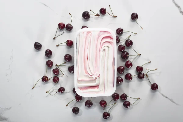 Top View Delicious Ice Cream Cherries Marble Grey Background — Stock Photo, Image