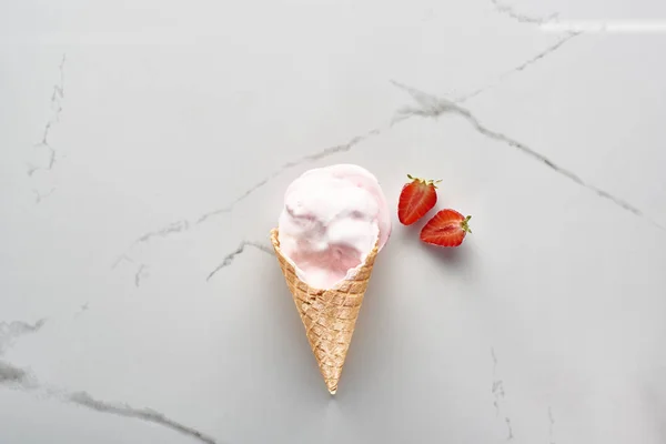 Top View Tasty Ice Cream Waffle Cone Strawberries Marble Grey — Stock Photo, Image