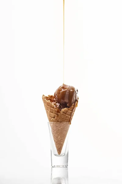 Delicious Sweet Ice Cream Crispy Waffle Cone Dripping Chocolate Isolated — Stock Photo, Image