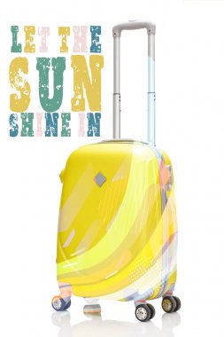 yellow plastic wheeled suitcase with handle isolated on white with let the sun shine in illustration clipart