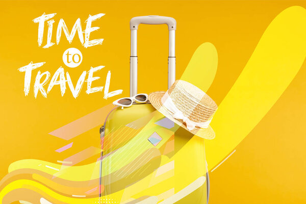 yellow colorful travel bag with sunglasses and straw hat isolated on yellow with time to travel illustration 