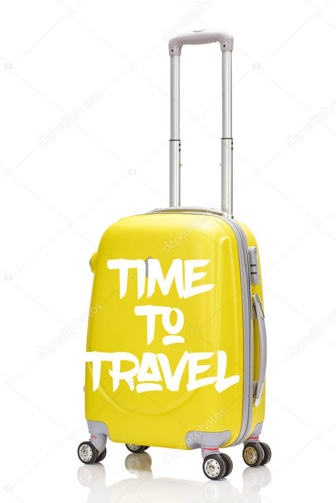 yellow plastic wheeled suitcase with handle and time to travel illustration isolated on white
