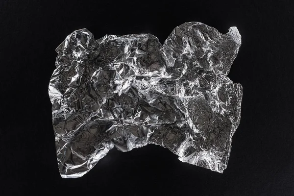 Top View Glossy Crumpled Silver Foil Isolated Black — Stock Photo, Image