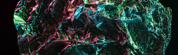 Panoramic Shot Glossy Crumpled Foil Colorful Lighting Reflection Darkness Isolated — Stock Photo, Image