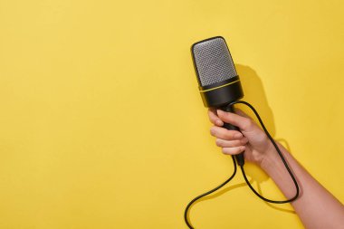 sarı arka planda mikrofon tutan kadının kırpılmış görünümü 