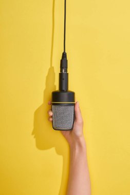sarı arka planda mikrofon tutan kadının kırpılmış görünümü 