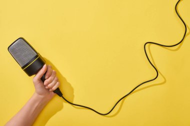 sarı arka planda mikrofon tutan kadının kırpılmış görünümü 