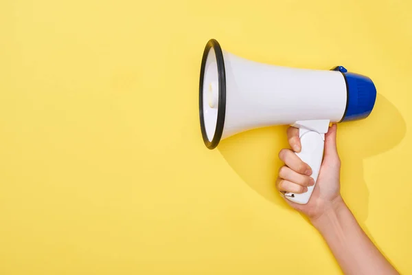 Vista Ritagliata Donna Che Tiene Altoparlante Sfondo Giallo — Foto Stock