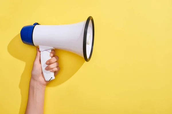 Cropped View Woman Holding Loudspeaker Yellow Background — Stock Photo, Image