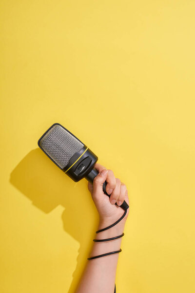 обрезанный вид женщины, держащей микрофон на желтом фоне
 