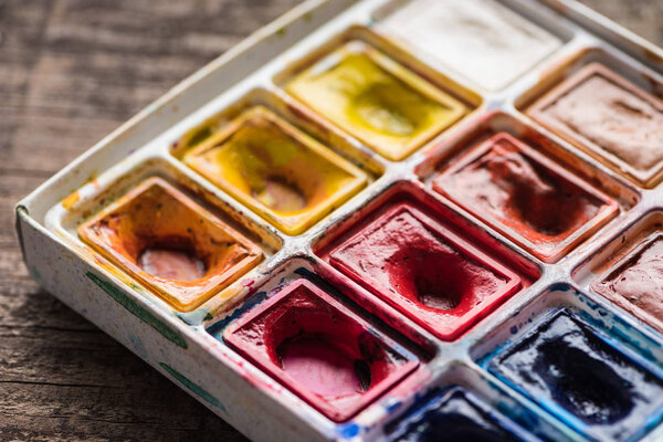 close up view of colorful dirty and old paint palette