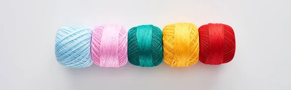 Panoramic Shot Bright Colorful Knitting Yarn Balls White Background — Stock Photo, Image