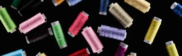 Panoramic Shot Bright Colorful Threads Isolated Black — Stock Photo, Image