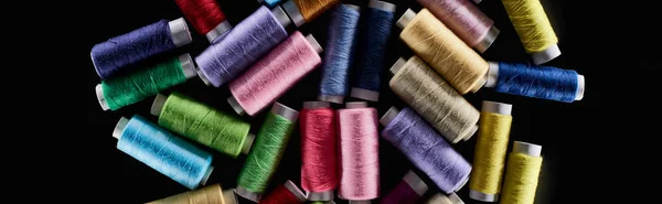 Panoramic Shot Bright Colorful Threads Isolated Black — Stock Photo, Image