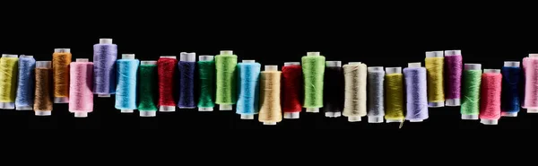Panoramic Shot Bright Colorful Threads Isolated Black — Stock Photo, Image