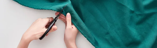 Panoramic Shot Seamstress Cutting Colorful Fabric Scissors White Background — Stock Photo, Image