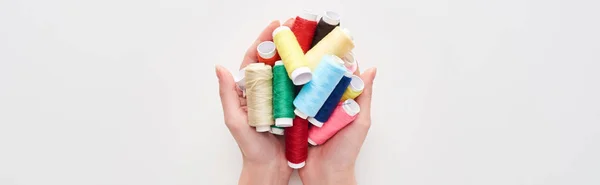 Cropped View Woman Holding Bright Colorful Threads White Background — Stock Photo, Image