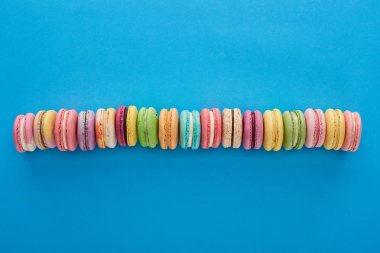 top view of multicolored delicious French macaroons in line on blue bright background with copy space clipart
