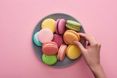 pembe arka plan üzerinde çok renkli lezzetli Fransız macaroons ile plaka yakın kadın el kırpılmış görünümü