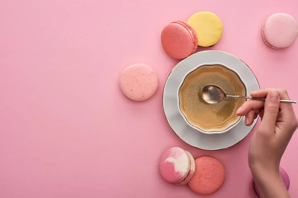 Cropped View Woman Holding Silver Spoon Coffee Cup Delicious French — Stock Photo, Image