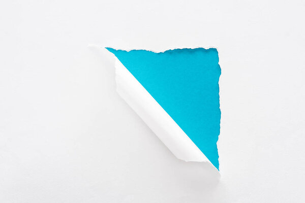 white torn and rolled paper on colorful blue background