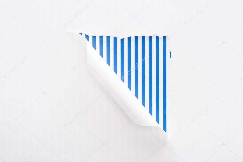 white torn and rolled paper on colorful blue striped background