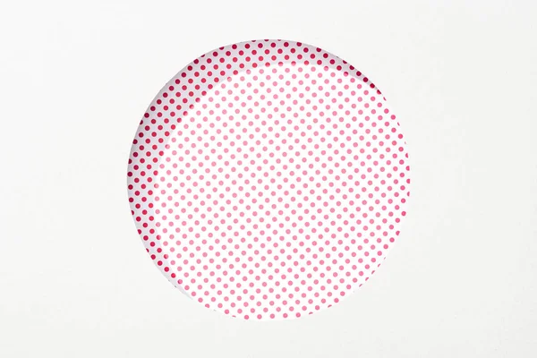 Cut Out Hole White Paper Pink White Dotted Background — Stock Photo, Image