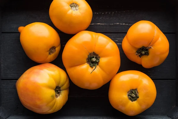 Top View Yellow Tomatoes Wooden Black Box — Stock Photo, Image