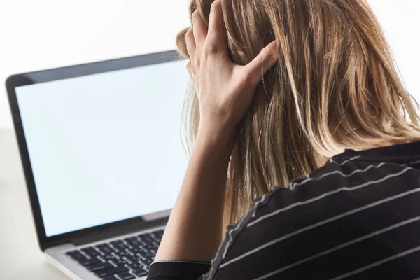 Offended Blonde Girl Victim Cyberbullying Sitting Laptop Blank Screen — Stock Photo, Image