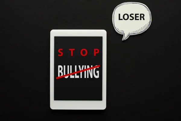 Top View Digital Tablet Stop Bullying Lettering Screen Black Background — Stock Photo, Image