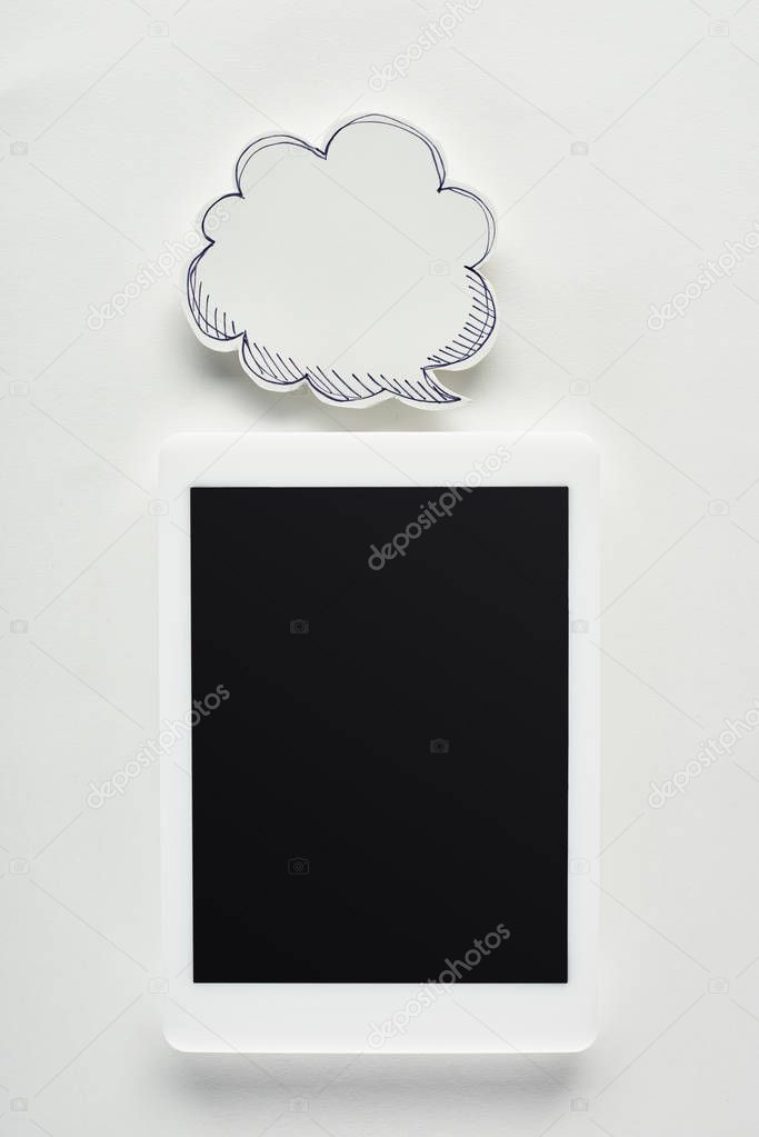 top view of digital tablet with blank screen on white background near empty speech bubble, cyberbullying concept