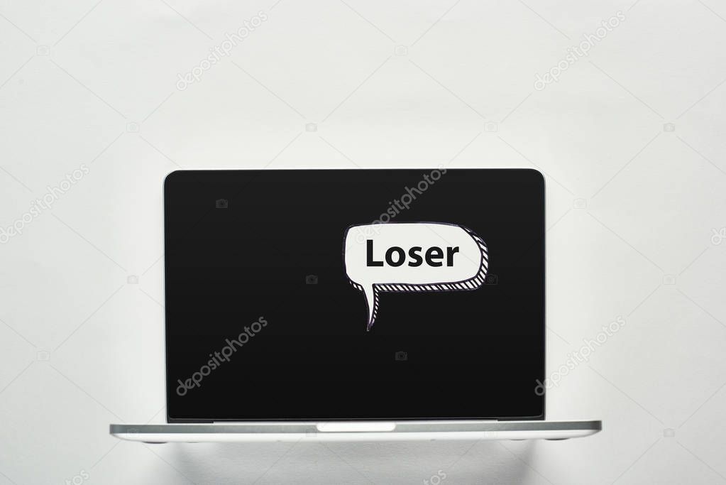 laptop with loser word in speech bubble on white background, cyberbullying concept