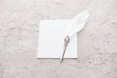 gri dokulu yüzeyde beyaz boş kart üzerinde quill kalem